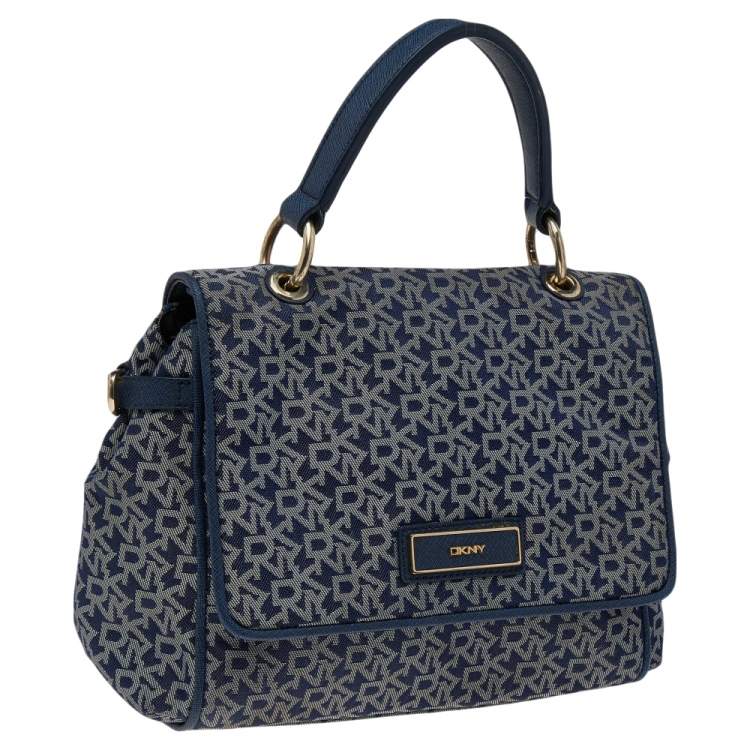 Pre Owned DKNY Blue Signature Canvas and Leather Top Handle Bag