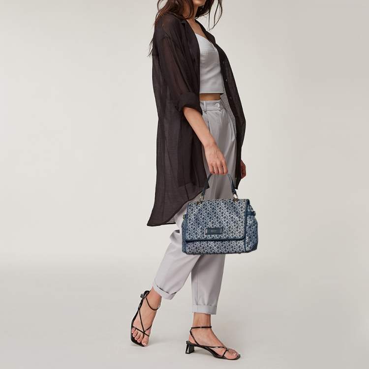 Pre Owned DKNY Blue Signature Canvas and Leather Top Handle Bag