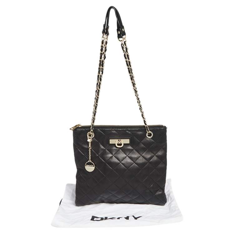 Pre Owned DKNY Black Quilted Leather Chain Tote