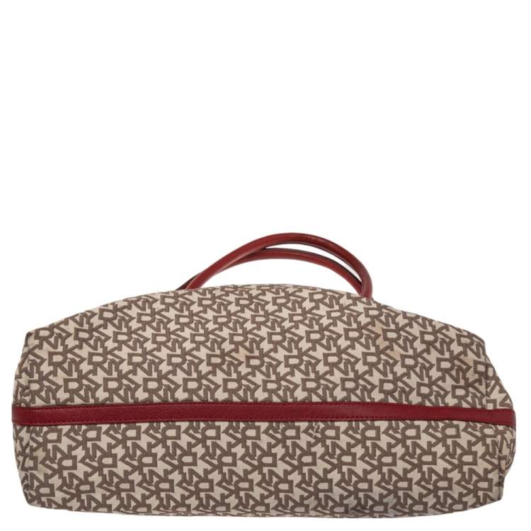 Pre Owned DKNY Beige/Red Signature Canvas And Leather Tote