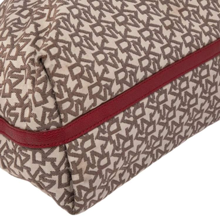 Pre Owned DKNY Beige/Red Signature Canvas And Leather Tote