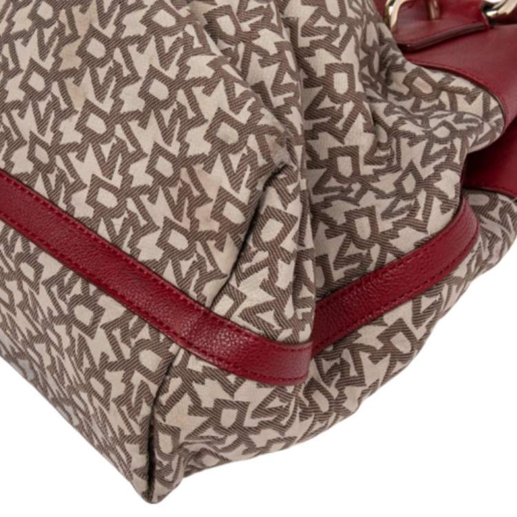 Pre Owned DKNY Beige/Red Signature Canvas And Leather Tote
