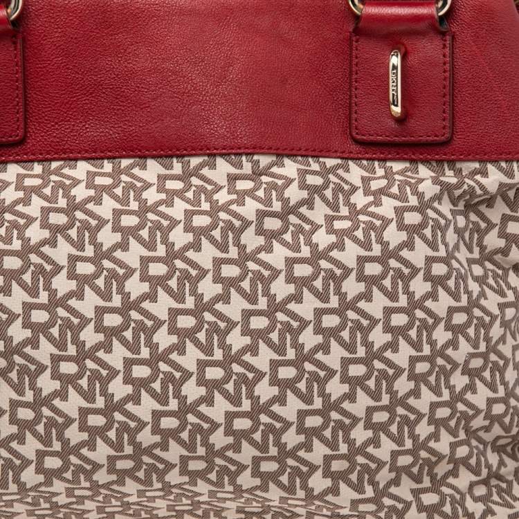 Pre Owned DKNY Beige/Red Signature Canvas And Leather Tote
