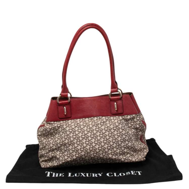 Pre Owned DKNY Beige/Red Signature Canvas And Leather Tote