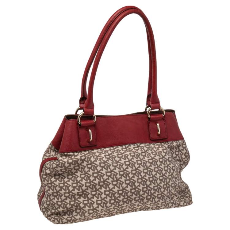 Pre Owned DKNY Beige/Red Signature Canvas And Leather Tote