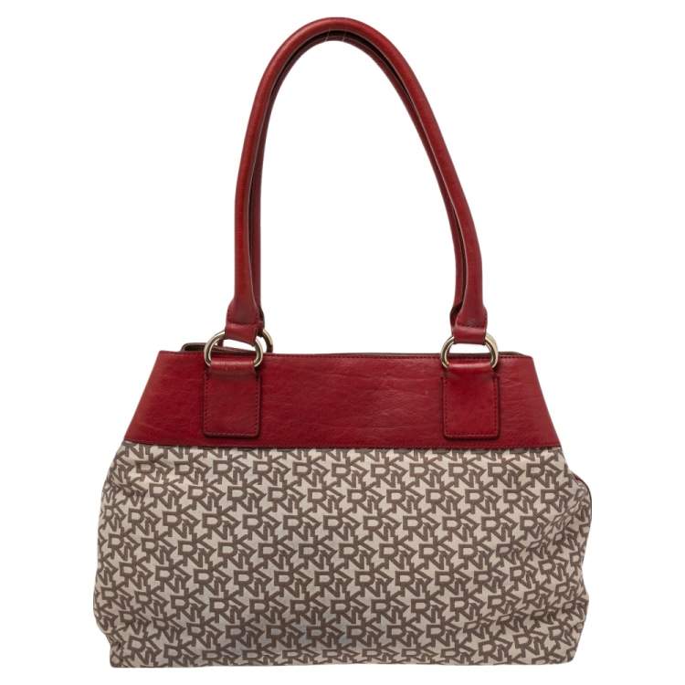 Pre Owned DKNY Beige/Red Signature Canvas And Leather Tote