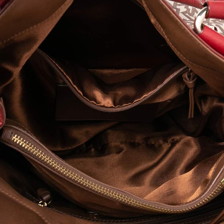 Pre Owned DKNY Beige/Red Signature Canvas And Leather Tote