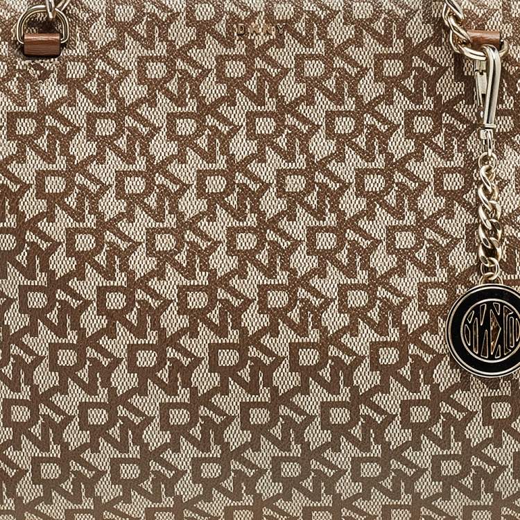 Pre Owned DKNY Brown/Beige Signature Coated Canvas And Leather Bryant Chain Shoulder Bag