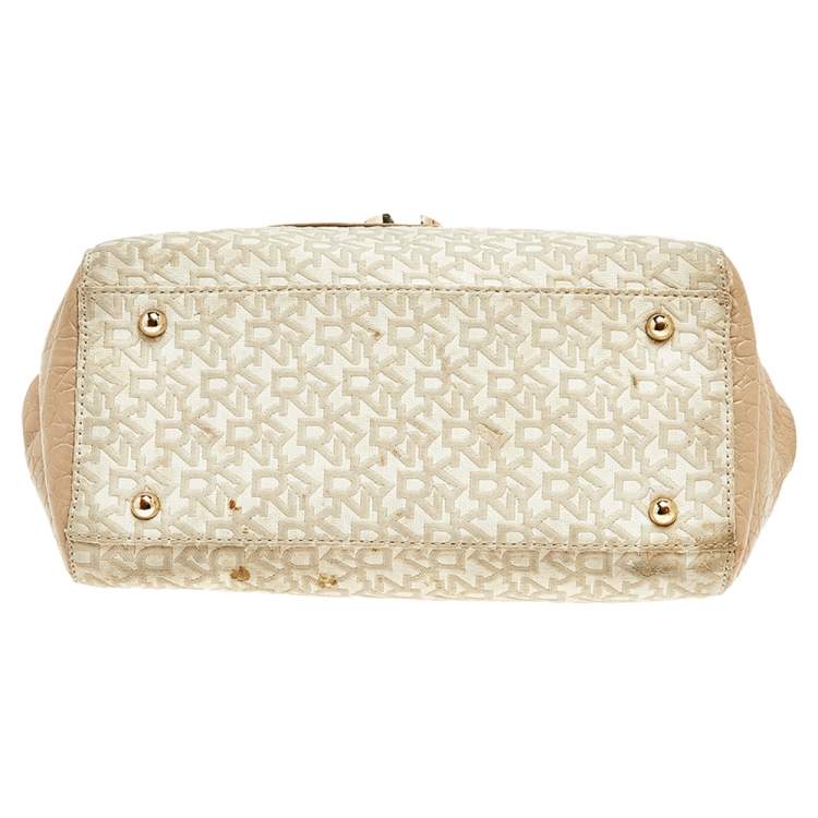 Pre Owned Dkny Beige/White Signature Coated Canvas And Leather Satchel 