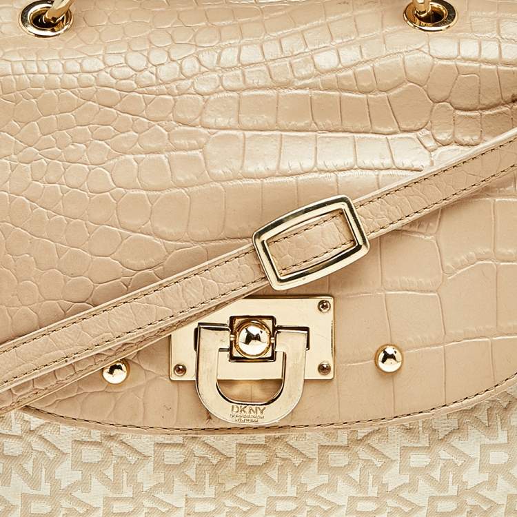 Pre Owned Dkny Beige/White Signature Coated Canvas And Leather Satchel 