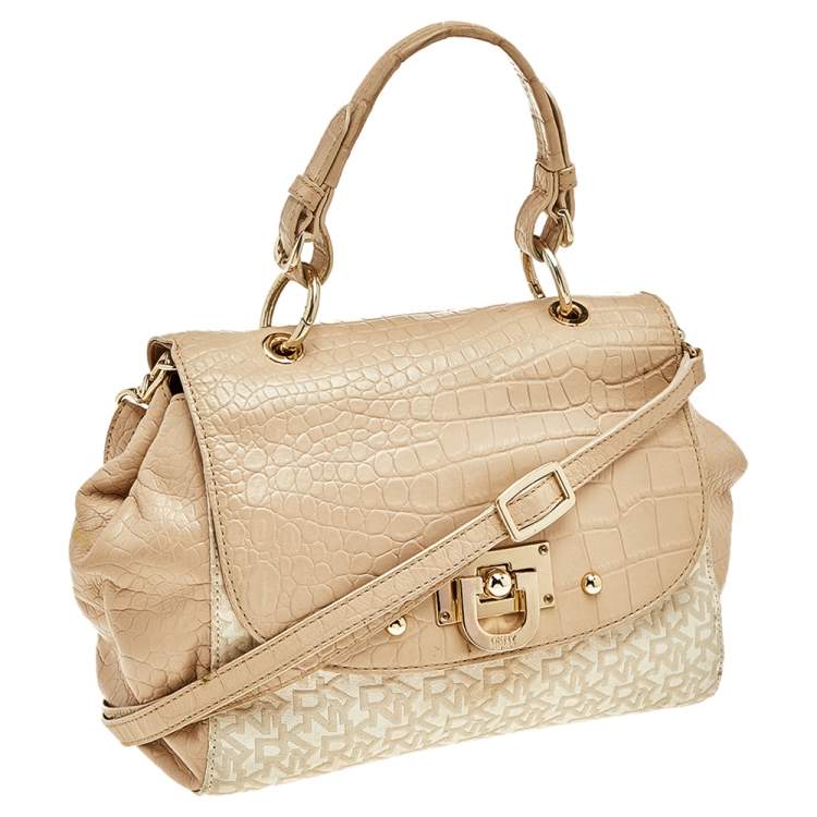Pre Owned Dkny Beige/White Signature Coated Canvas And Leather Satchel 