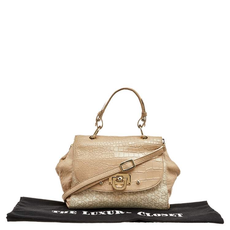 Pre Owned Dkny Beige/White Signature Coated Canvas And Leather Satchel 