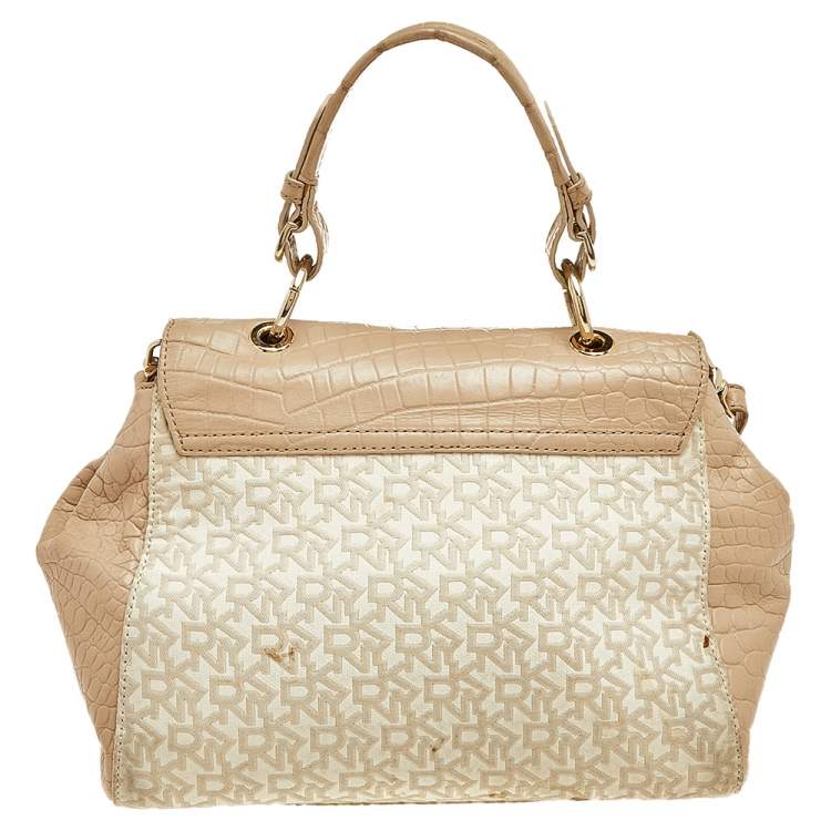 Pre Owned Dkny Beige/White Signature Coated Canvas And Leather Satchel 
