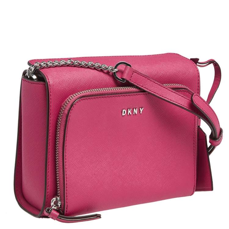 Pre Owned DKNY Fuchsia Leather Small Bryant Park Pocket Crossbody Bag
