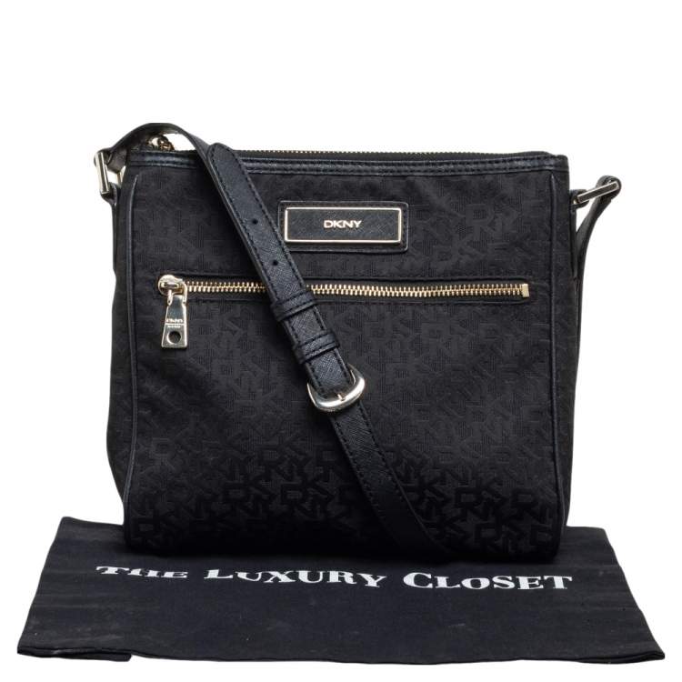 Pre Owned DKNY Black Signature Canvas and Leather Trim Front Pocket Messenger Bag