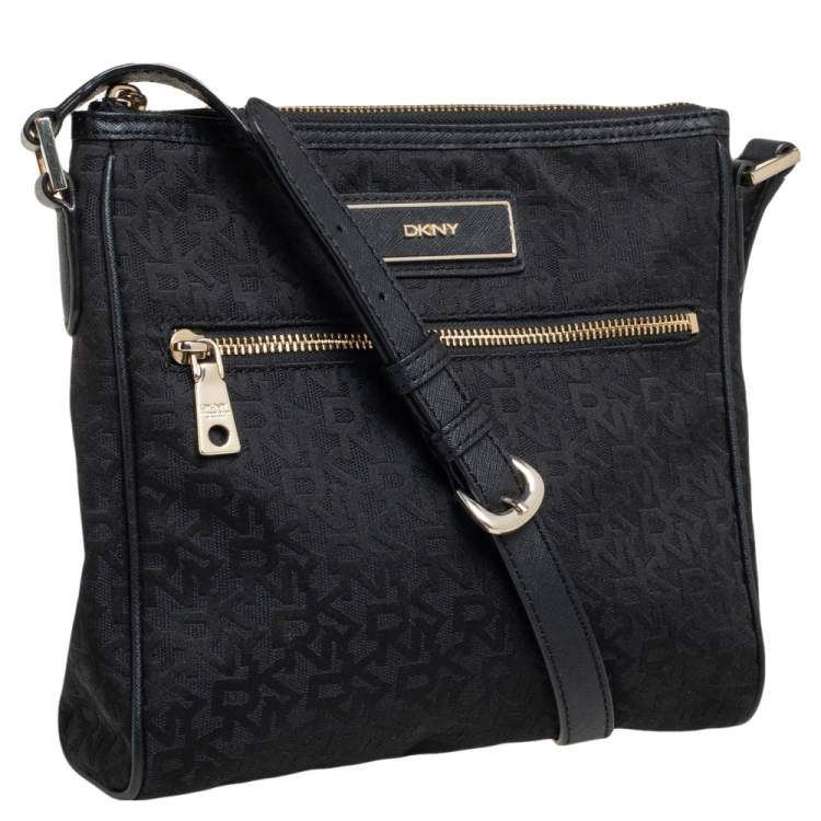 Pre Owned DKNY Black Signature Canvas and Leather Trim Front Pocket Messenger Bag