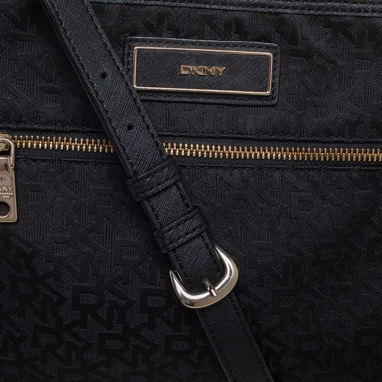 Pre Owned DKNY Black Signature Canvas and Leather Trim Front Pocket Messenger Bag