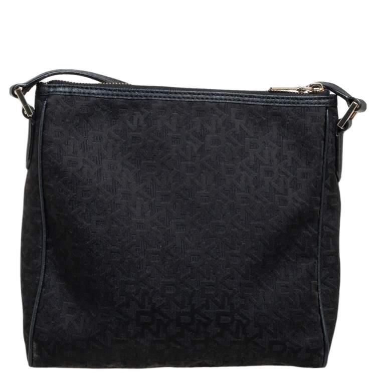 Pre Owned DKNY Black Signature Canvas and Leather Trim Front Pocket Messenger Bag