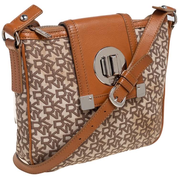 Pre Owned Dkny Beige/Tan Signature Canvas and Leather Crossbody Bag