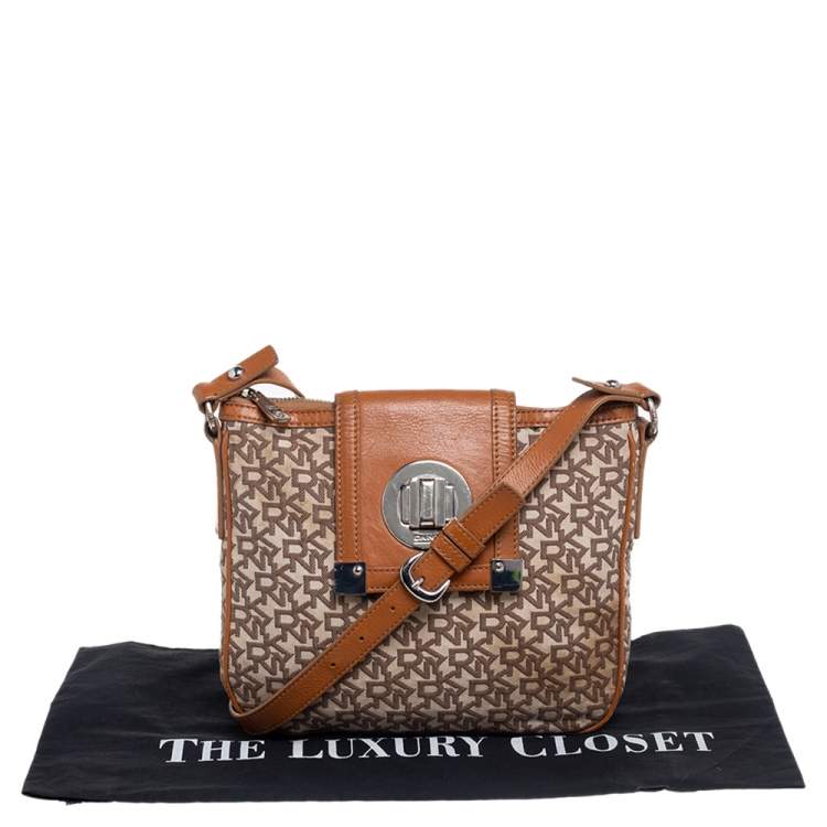 Pre Owned Dkny Beige/Tan Signature Canvas and Leather Crossbody Bag