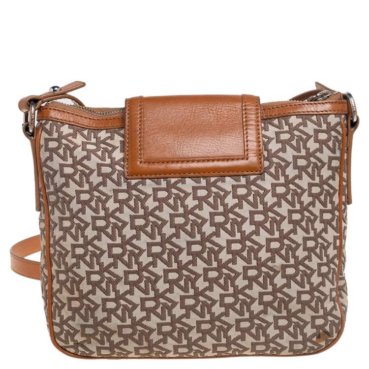 Pre Owned Dkny Beige/Tan Signature Canvas and Leather Crossbody Bag