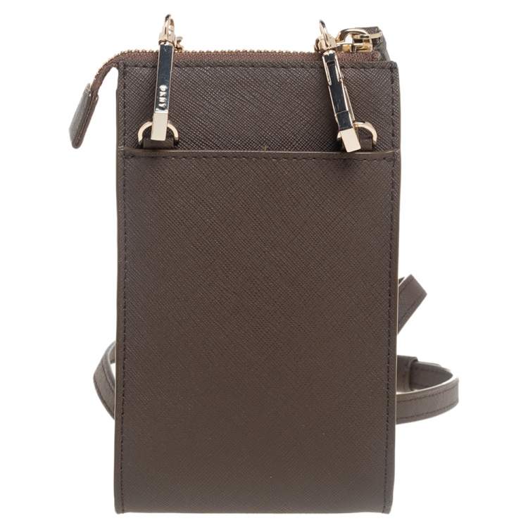 Pre Owned Dkny Brown Leather Phone Crossbody Bag
