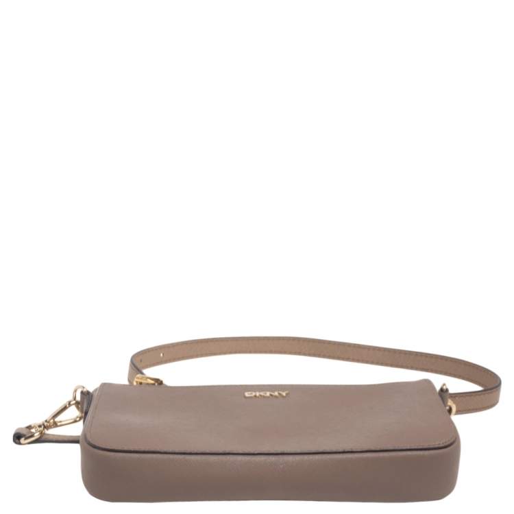 Pre Owned Dkny Dark Beige Leather Small Top Zip Crossbody Bag
