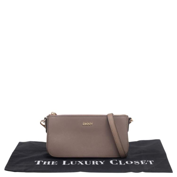 Pre Owned Dkny Dark Beige Leather Small Top Zip Crossbody Bag