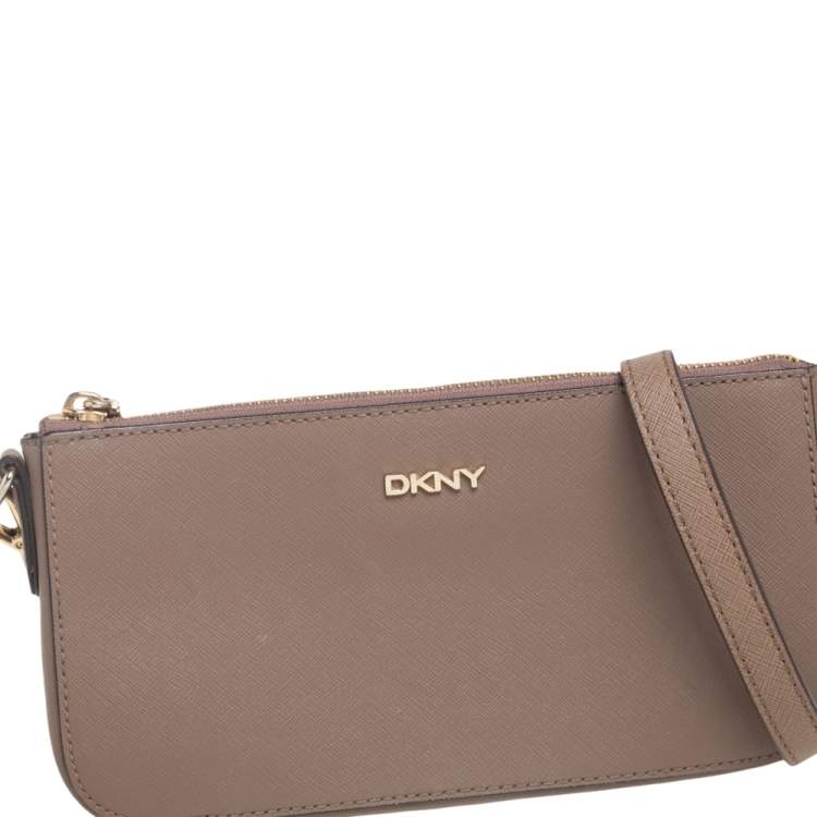 Pre Owned Dkny Dark Beige Leather Small Top Zip Crossbody Bag