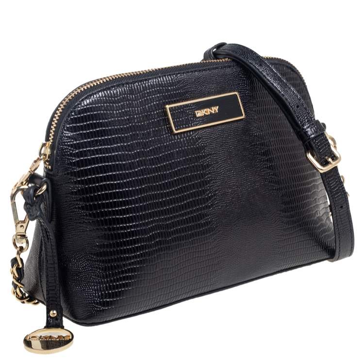 مملوكة مسبقًا Dkny Black Shinny Lizard Embossed Leather Dome Crossbody Bag