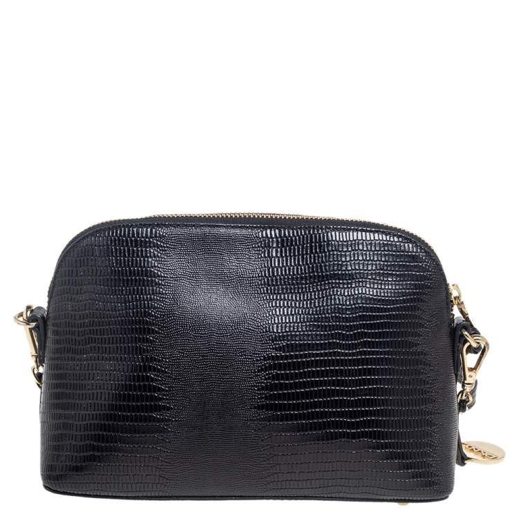 مملوكة مسبقًا Dkny Black Shinny Lizard Embossed Leather Dome Crossbody Bag