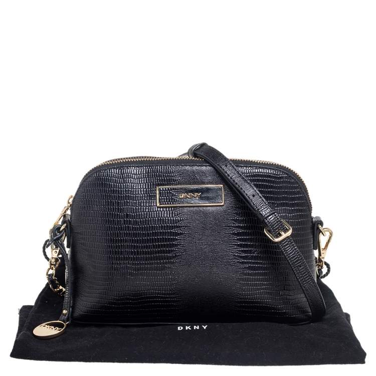 مملوكة مسبقًا Dkny Black Shinny Lizard Embossed Leather Dome Crossbody Bag