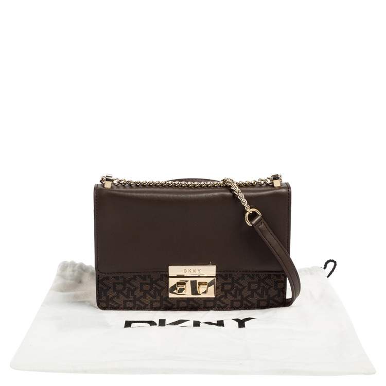 مملوكة مسبقًا Dkny Brown Signature Coated Canvas and Leather Chain Crossbody Bag