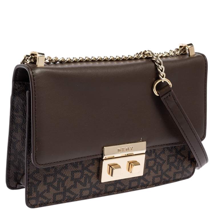 مملوكة مسبقًا Dkny Brown Signature Coated Canvas and Leather Chain Crossbody Bag