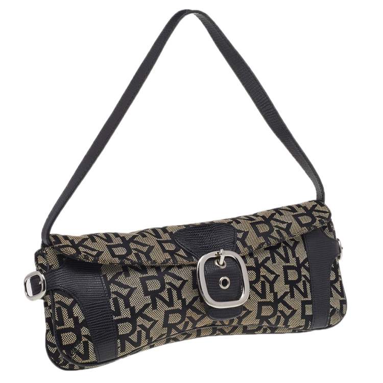 Pre Owned DKNY Brown/ Beige Signature Canvas And Embossed Lizard Leather Shoulder Bag 