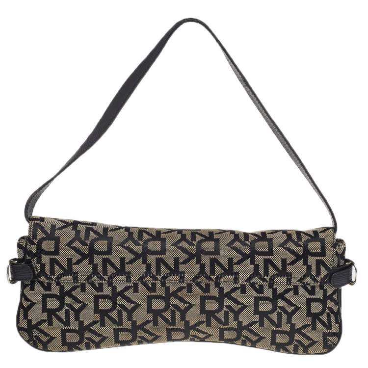 Pre Owned DKNY Brown/ Beige Signature Canvas And Embossed Lizard Leather Shoulder Bag 