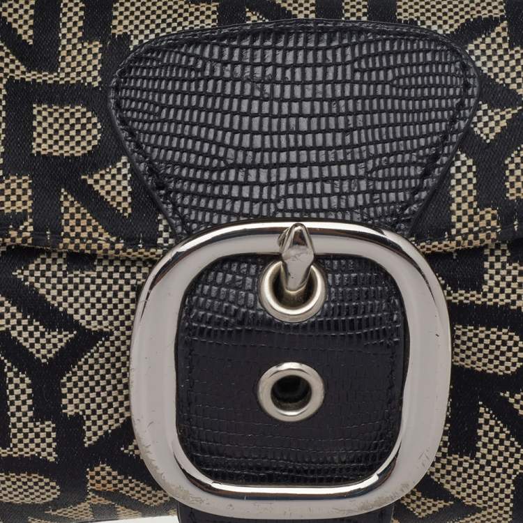 Pre Owned DKNY Brown/ Beige Signature Canvas And Embossed Lizard Leather Shoulder Bag 