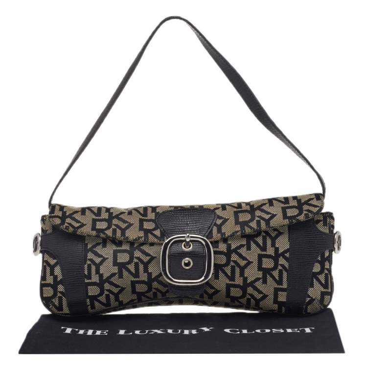 Pre Owned DKNY Brown/ Beige Signature Canvas And Embossed Lizard Leather Shoulder Bag 