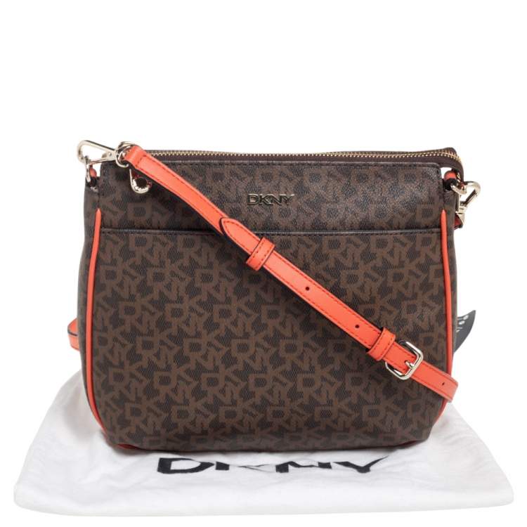 Pre Owned Dkny Orange/Brown Signature Coated Canvas and Leather Trim Messenger