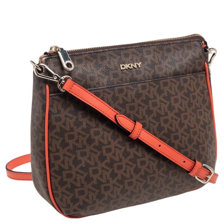 Pre Owned Dkny Orange/Brown Signature Coated Canvas and Leather Trim Messenger