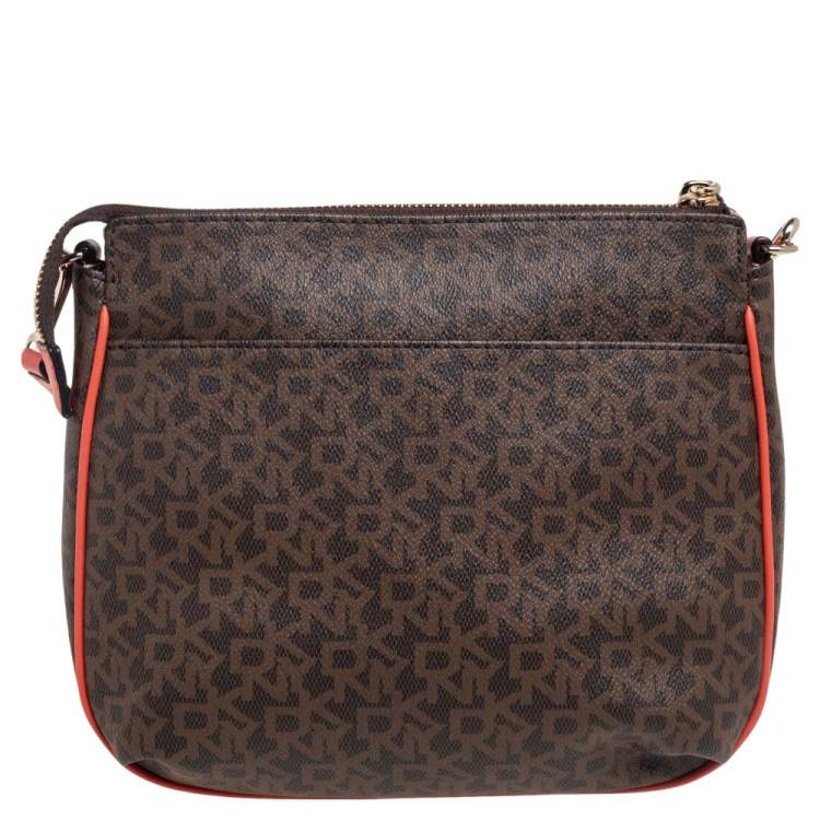 Pre Owned Dkny Orange/Brown Signature Coated Canvas and Leather Trim Messenger