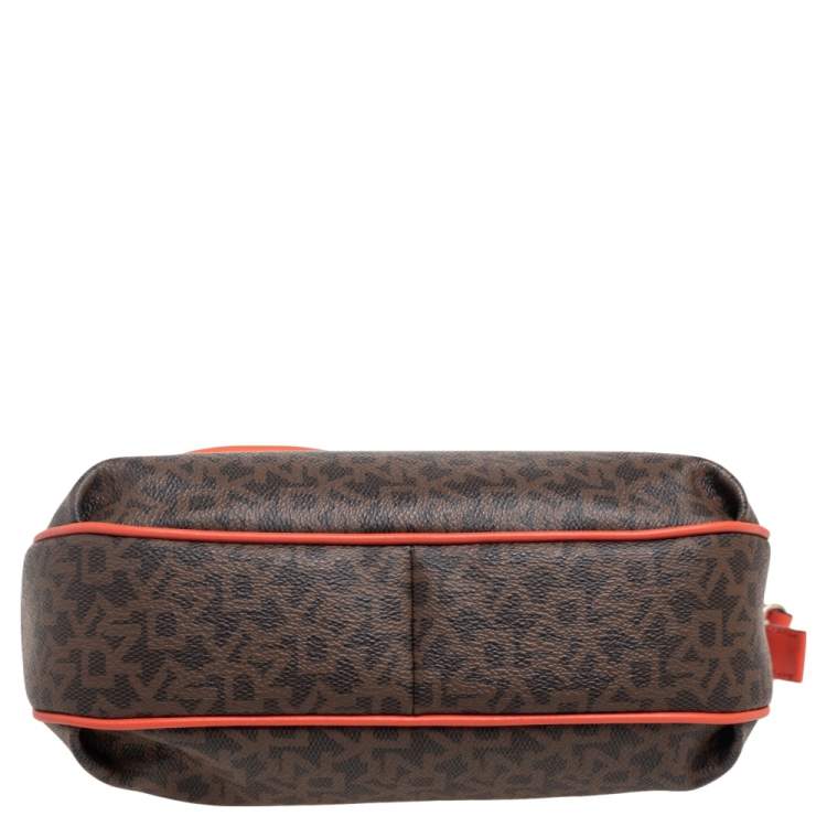 Pre Owned Dkny Orange/Brown Signature Coated Canvas and Leather Trim Messenger