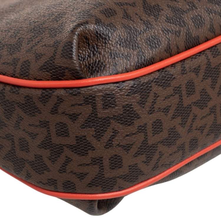 Pre Owned Dkny Orange/Brown Signature Coated Canvas and Leather Trim Messenger