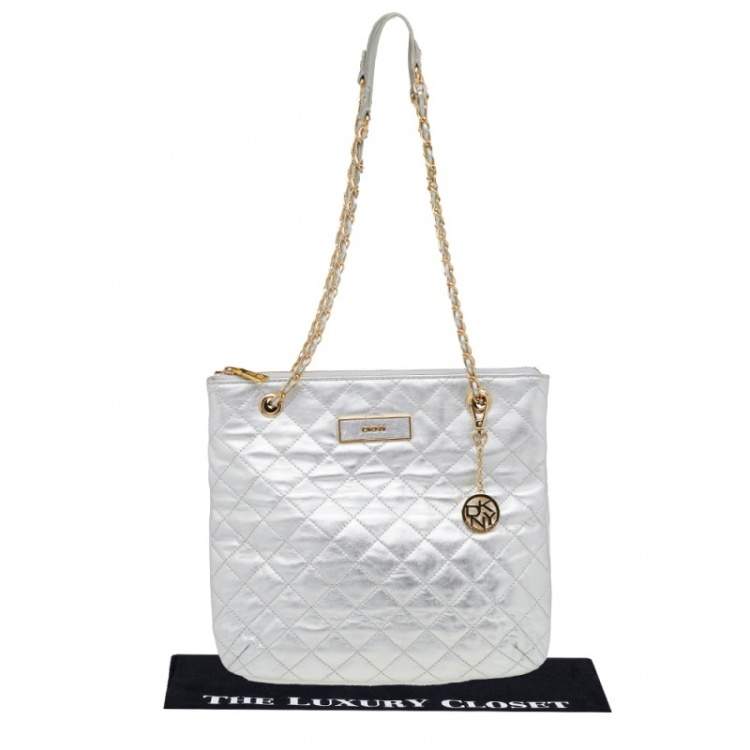 Pre Owned DKNY Silver Quilted Leather Shoulder Bag