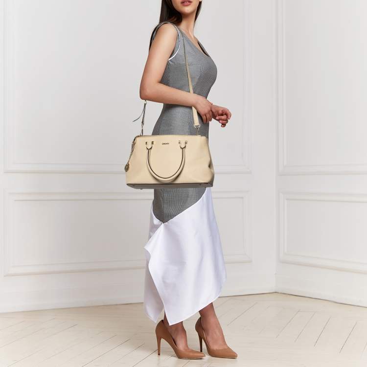 Pre Owned DKNY Off White Saffiano Leather Double Zip Tote