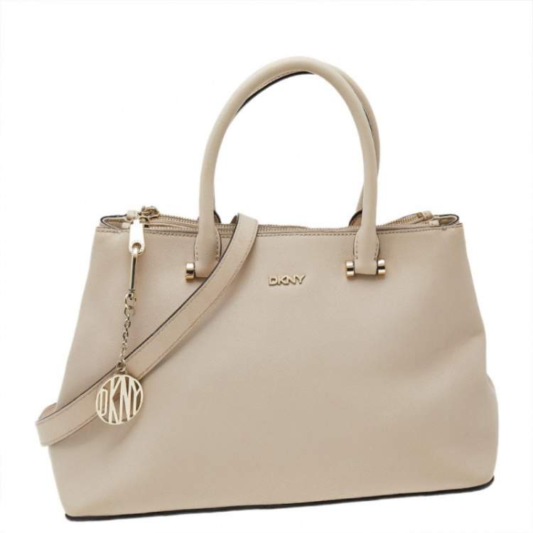 Pre Owned DKNY Off White Saffiano Leather Double Zip Tote