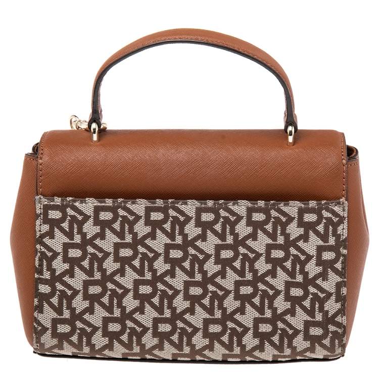 Pre Owned DKNY Brown/Beige Signature Canvas and Leather Noho Flap Shoulder Bag