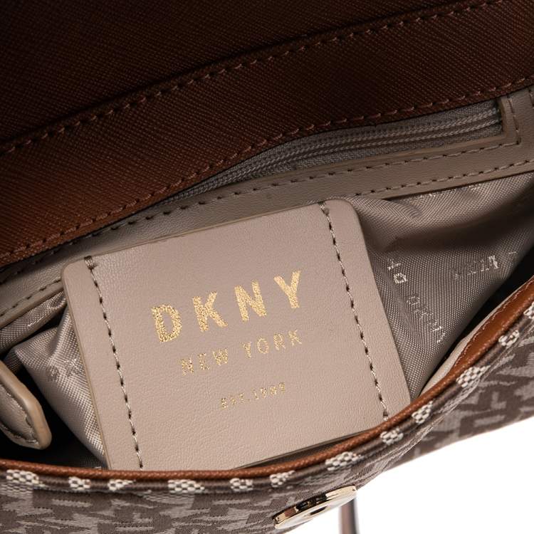 Pre Owned DKNY Brown/Beige Signature Canvas and Leather Noho Flap Shoulder Bag