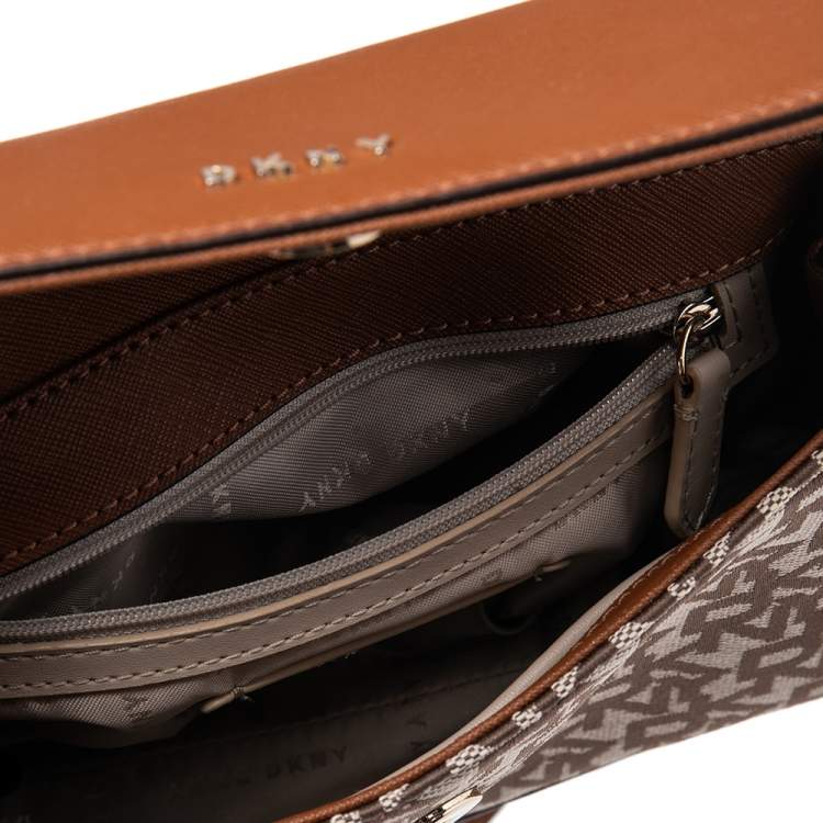 Pre Owned DKNY Brown/Beige Signature Canvas and Leather Noho Flap Shoulder Bag
