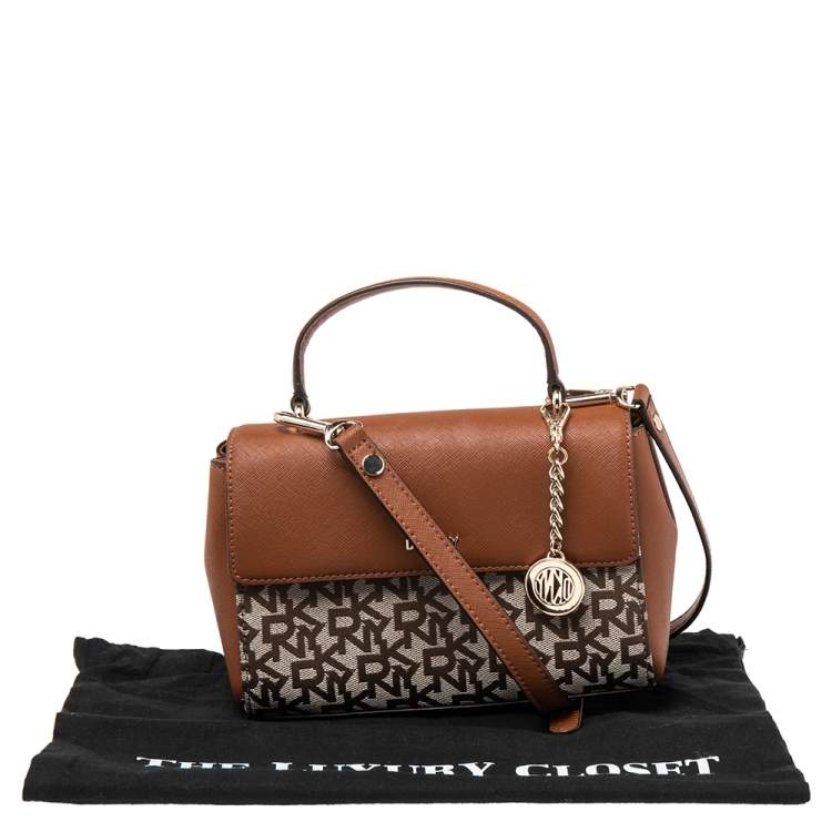 Pre Owned DKNY Brown/Beige Signature Canvas and Leather Noho Flap Shoulder Bag